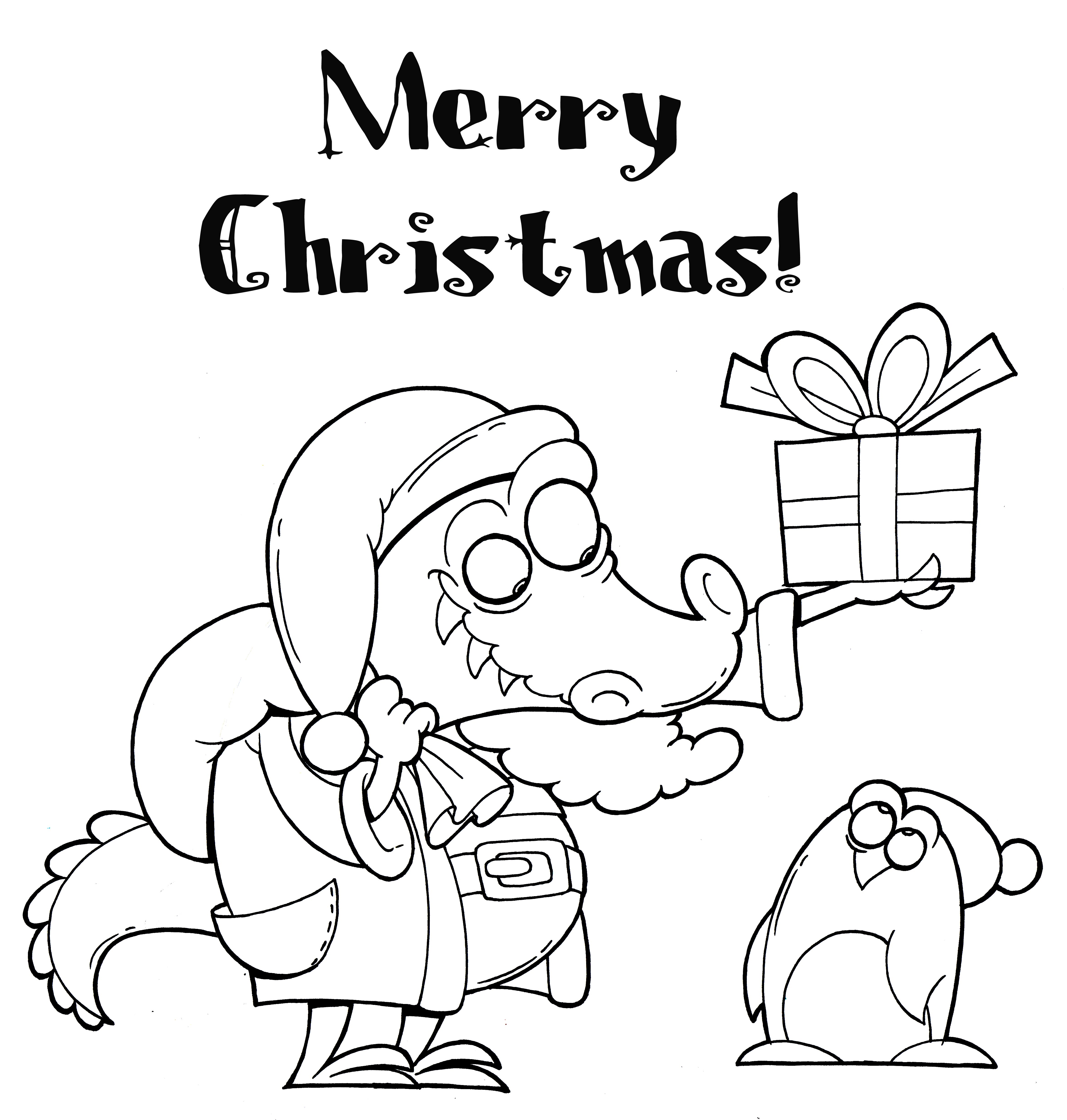 Cristmas Santa Claus Crocodile coloring pages black and white