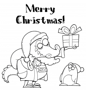 Cristmas Santa Claus Crocodile coloring pages (black and white)